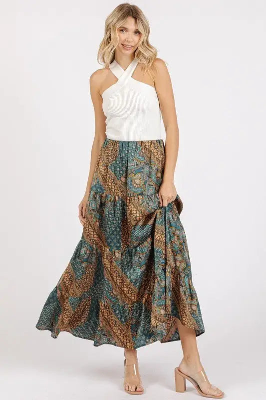 Paisley Patchwork Print Satin Maxi Skirt - Maxi Skirts