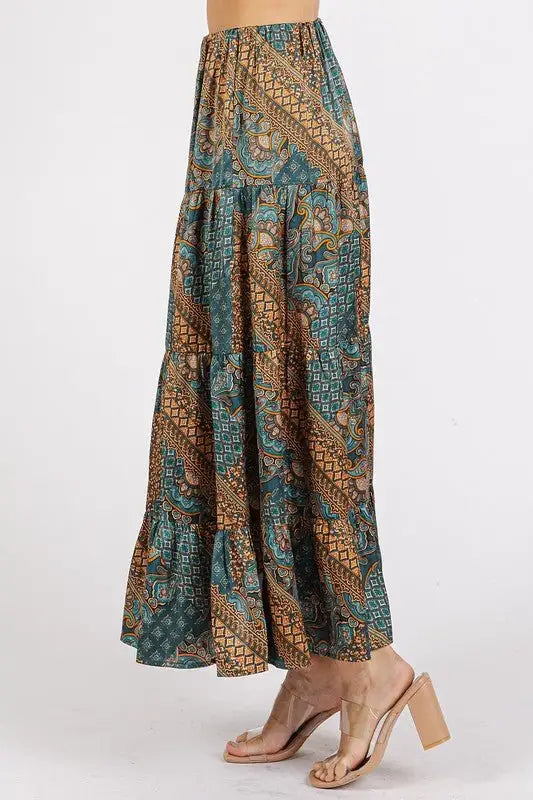 Paisley Patchwork Print Satin Maxi Skirt - Maxi Skirts