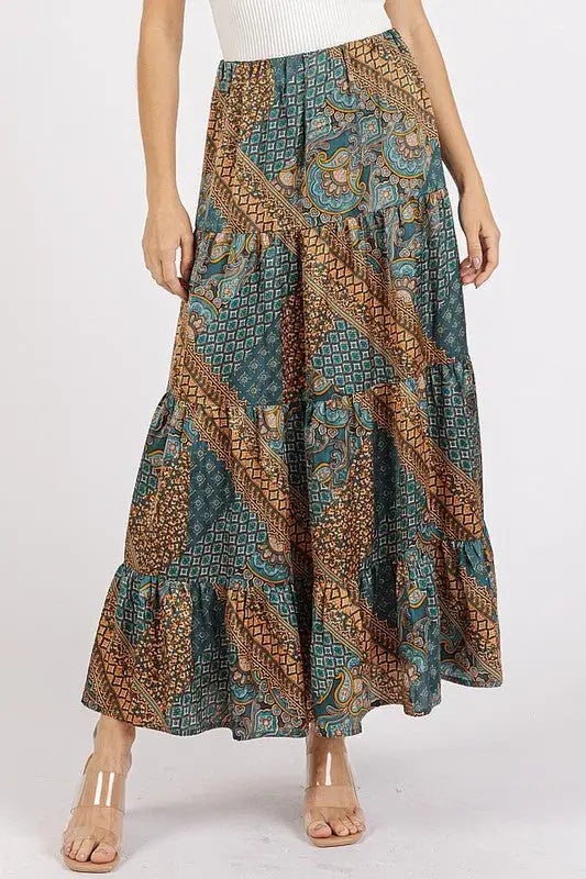 Paisley Patchwork Print Satin Maxi Skirt - Maxi Skirts