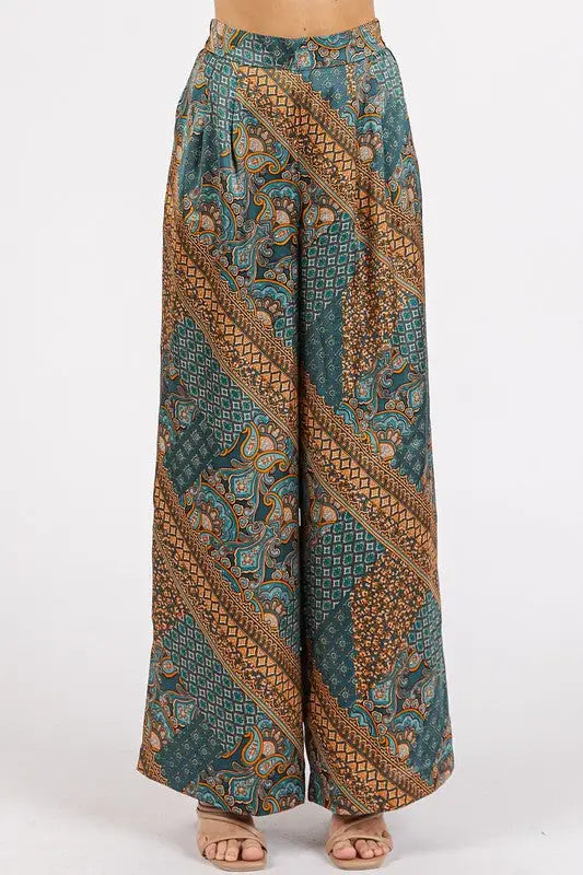 Mittoshop Paisley Patchwork Print Satin Wide Leg Pants - Eclectage