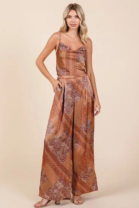Paisley Patchwork Satin Cowl Neck Crop Cami - Eclectage