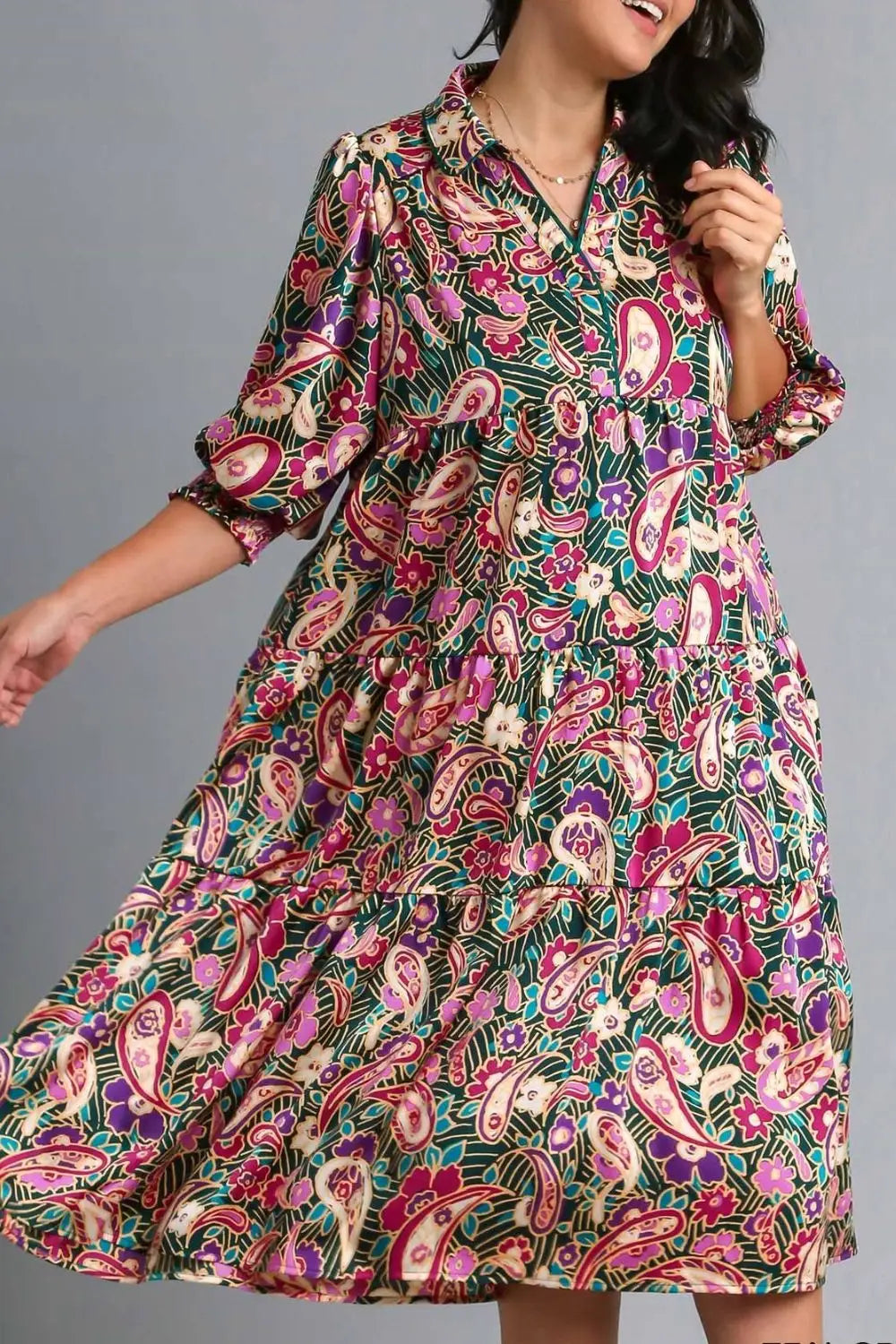 Umgee Full Size Paisley Print Satin Tiered Midi Dress Plus Size - Eclectage