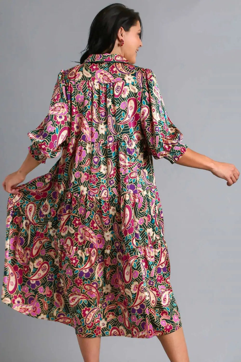 Umgee Full Size Paisley Print Satin Tiered Midi Dress Plus Size - Eclectage