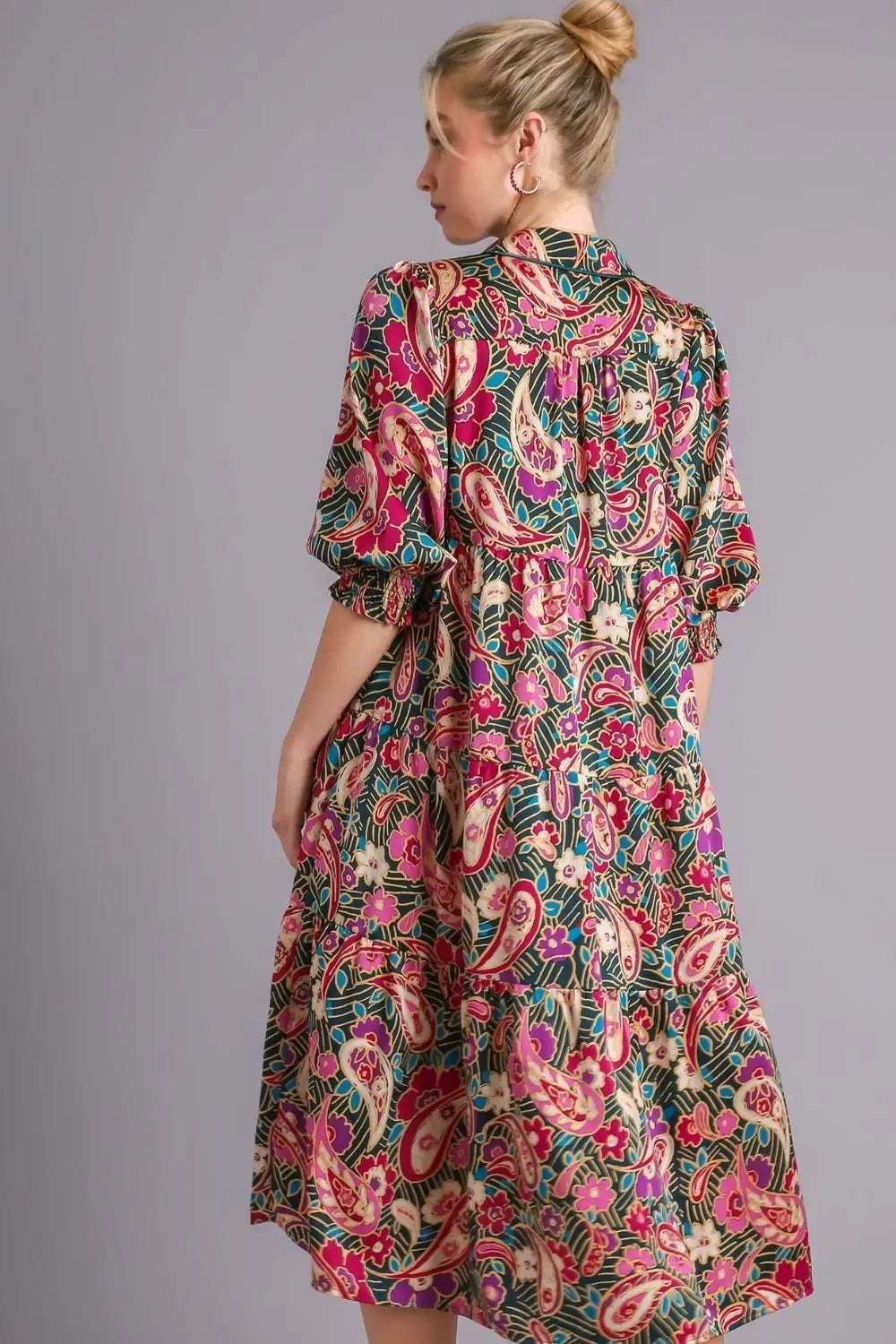 Umgee Full Size Paisley Print Satin Tiered Midi Dress Plus Size - Eclectage