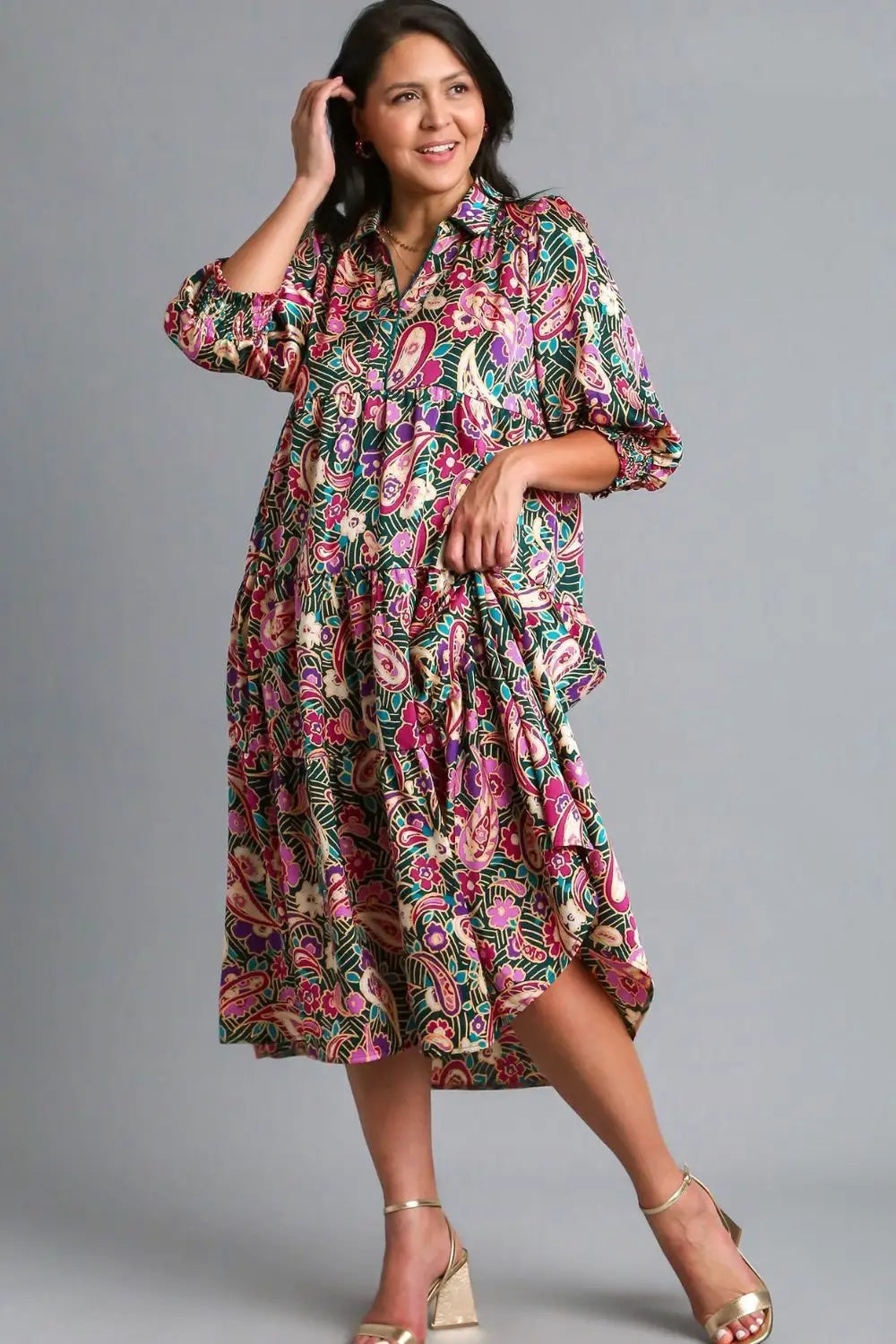 Umgee Full Size Paisley Print Satin Tiered Midi Dress Plus Size - Eclectage