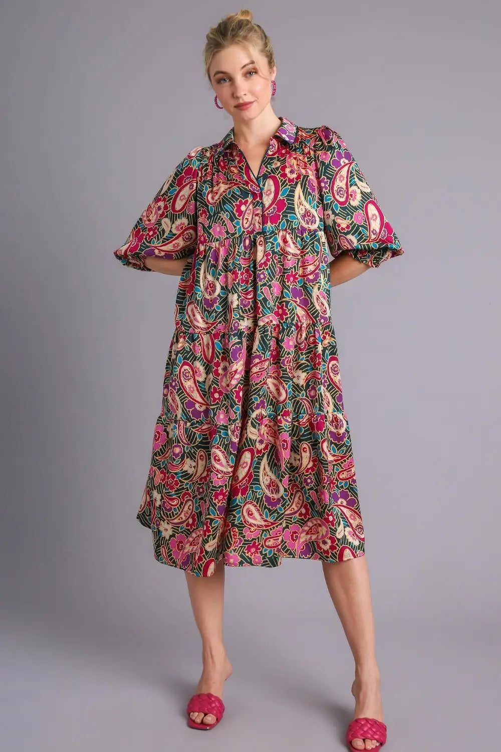 Umgee Full Size Paisley Print Satin Tiered Midi Dress Plus Size - Eclectage