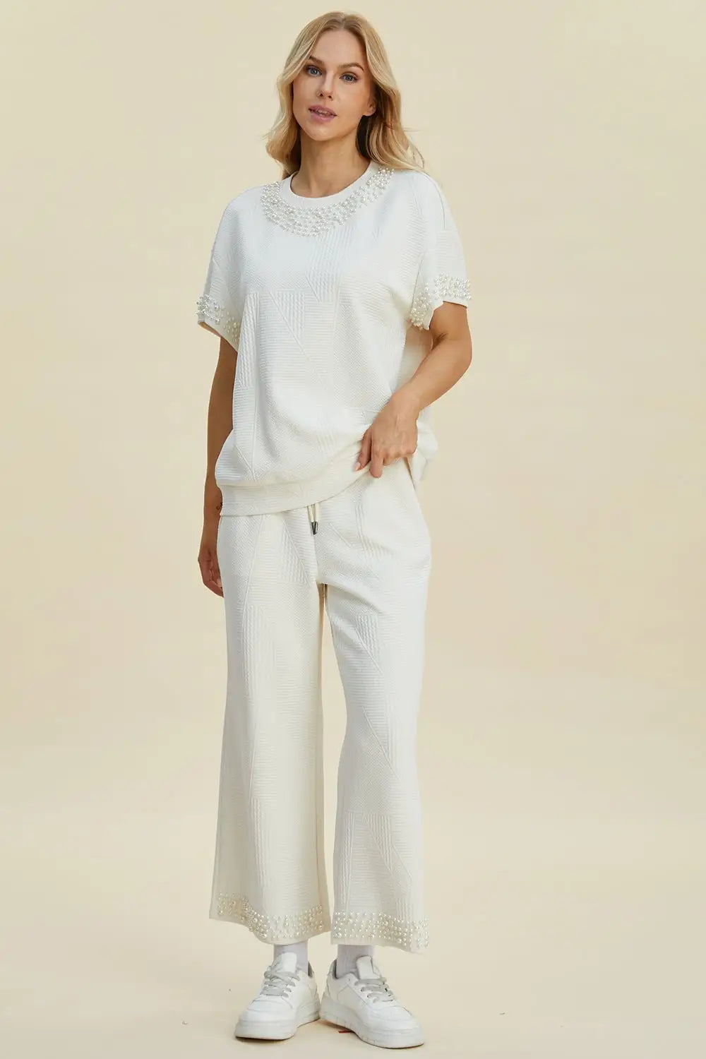 Pearl Detail Top and Pants Set - Pants Sets