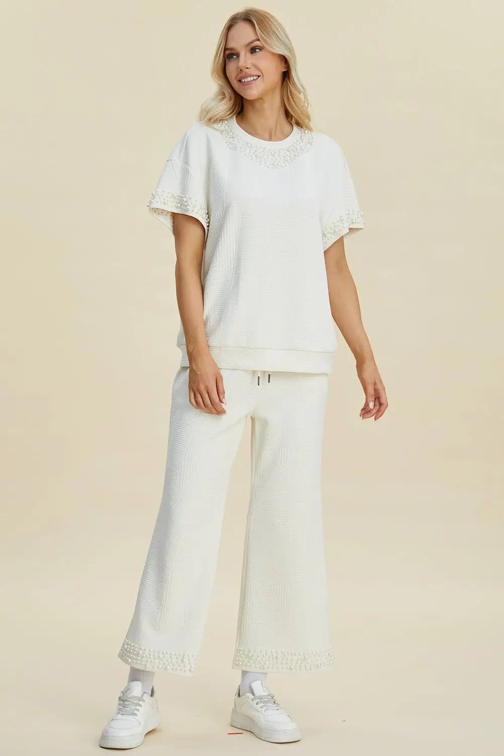 Pearl Detail Top and Pants Set - Pants Sets