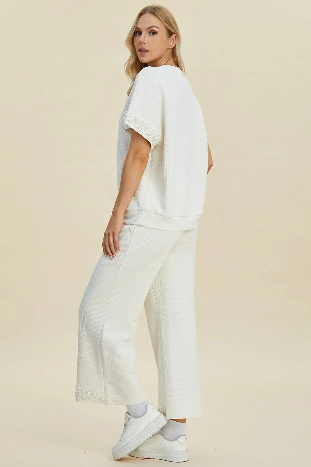 Pearl Detail Top and Pants Set - Pants Sets