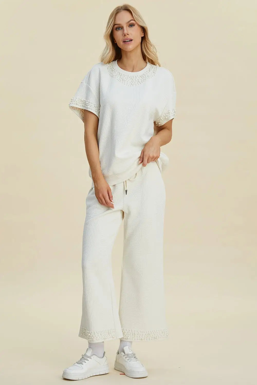 Pearl Detail Top and Pants Set - Pants Sets