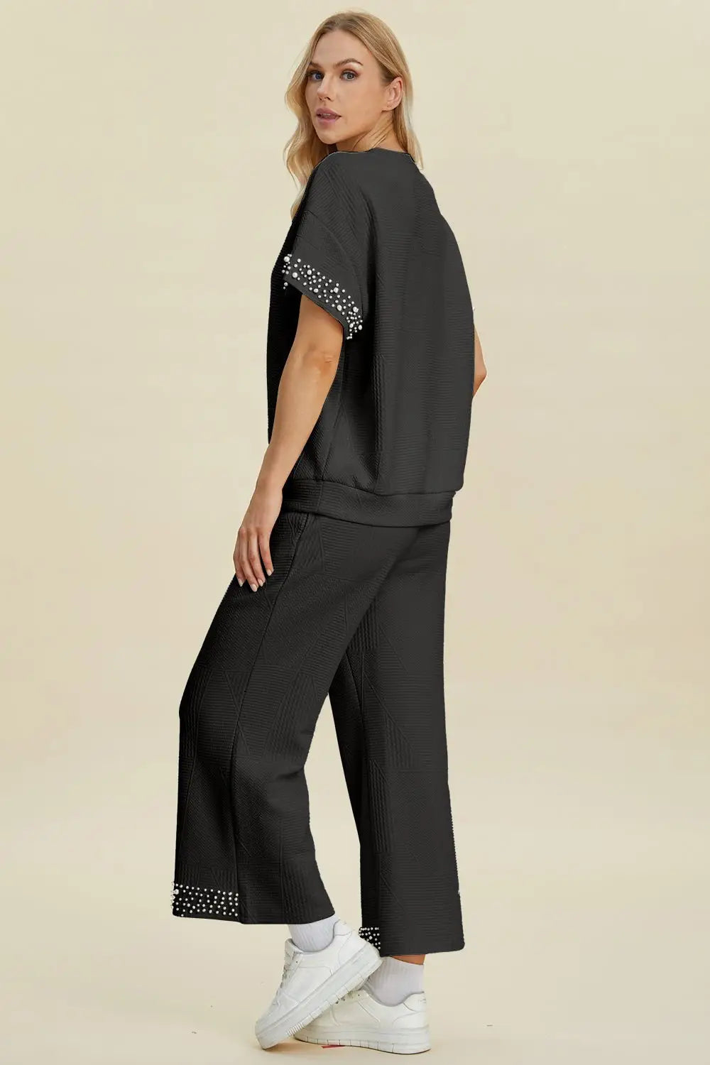 Pearl Detail Top and Pants Set - Pants Sets
