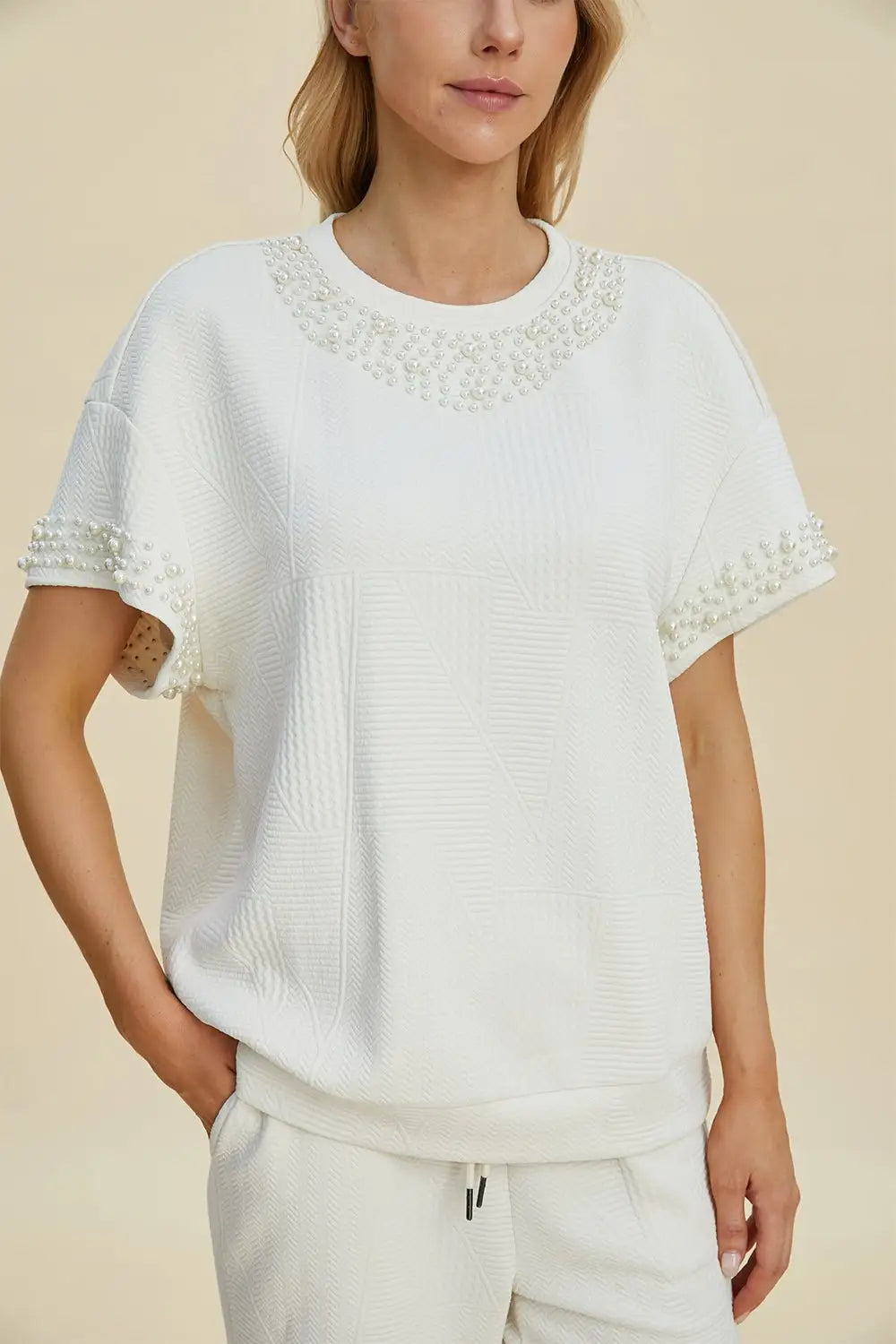 Pearl Detail Top and Pants Set - Pants Sets