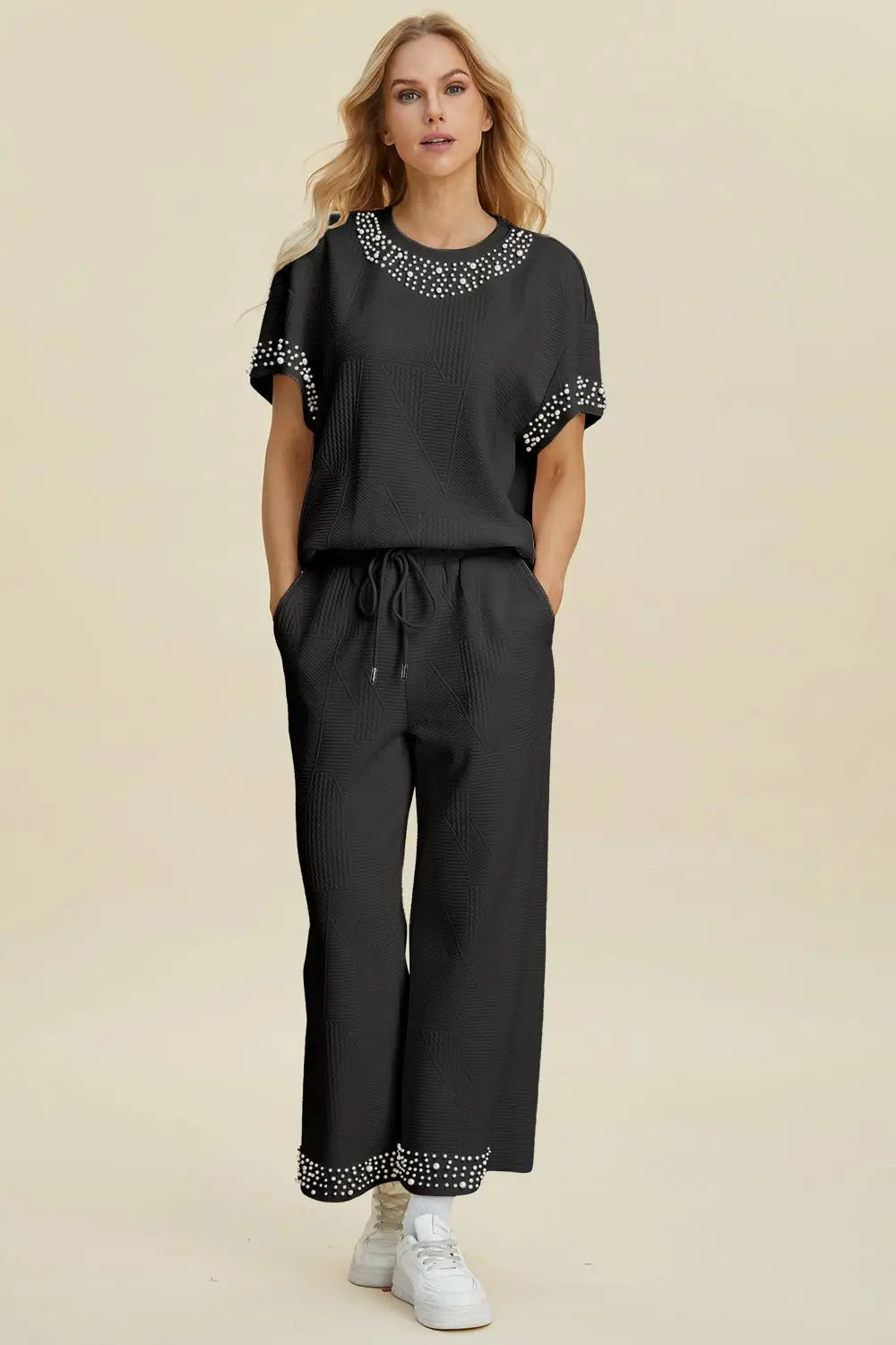 Pearl Detail Top and Pants Set - Pants Sets