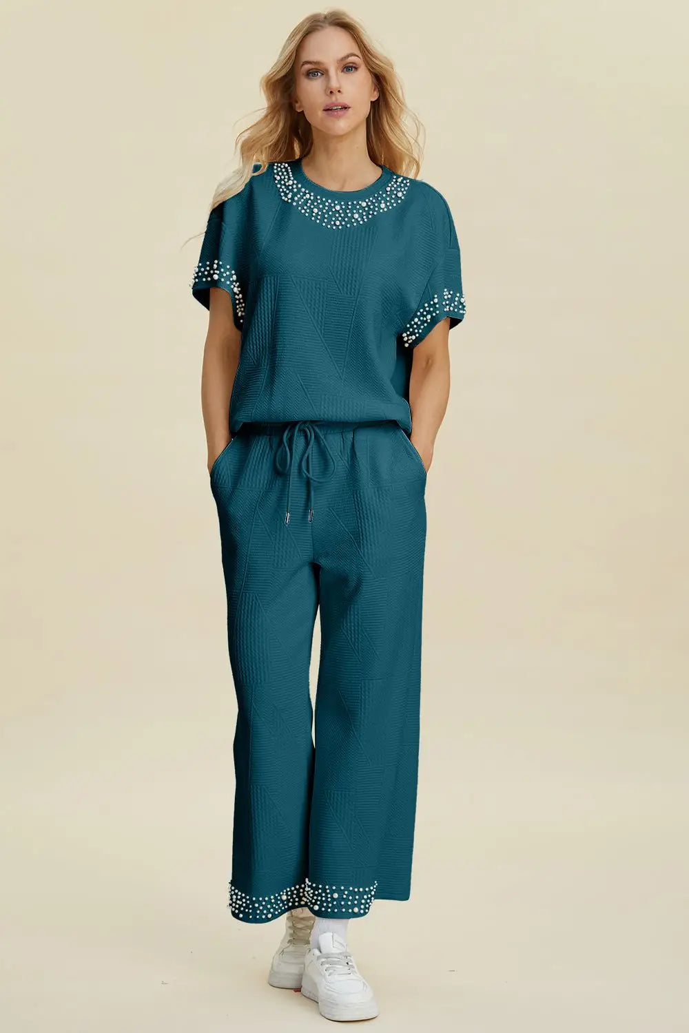 Pearl Detail Top and Pants Set - Pants Sets