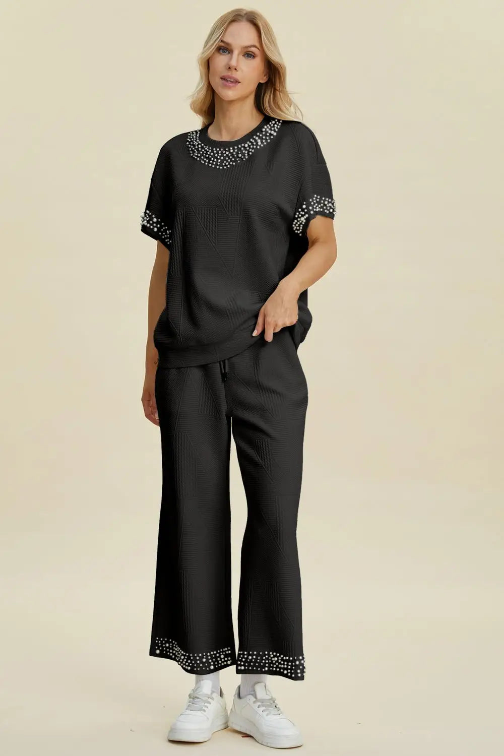 Pearl Detail Top and Pants Set - Pants Sets