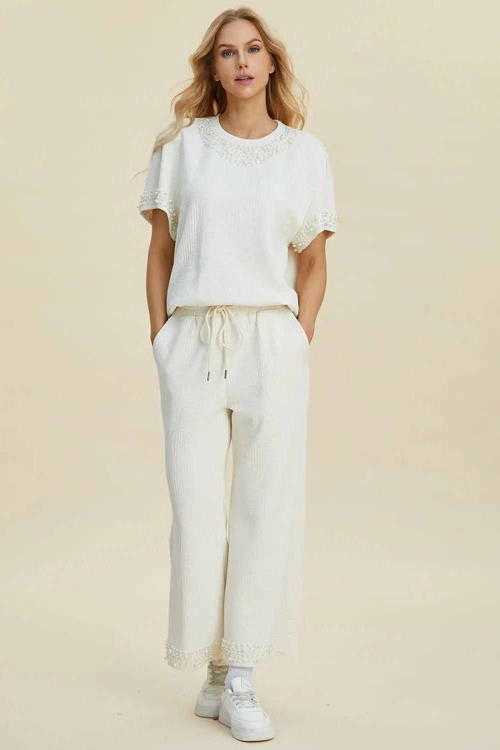 Pearl Detail Top and Pants Set - Pants Sets