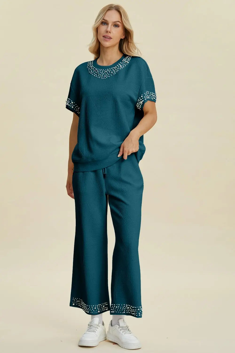 Pearl Detail Top and Pants Set - Pants Sets