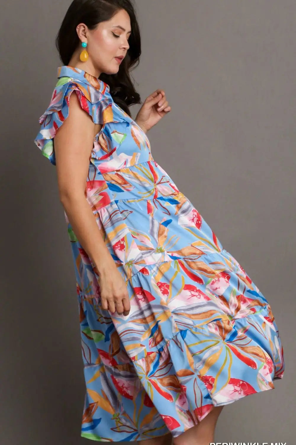 Periwinkle Mix Leaf Print Tiered Midi Dress - Midi Dresses
