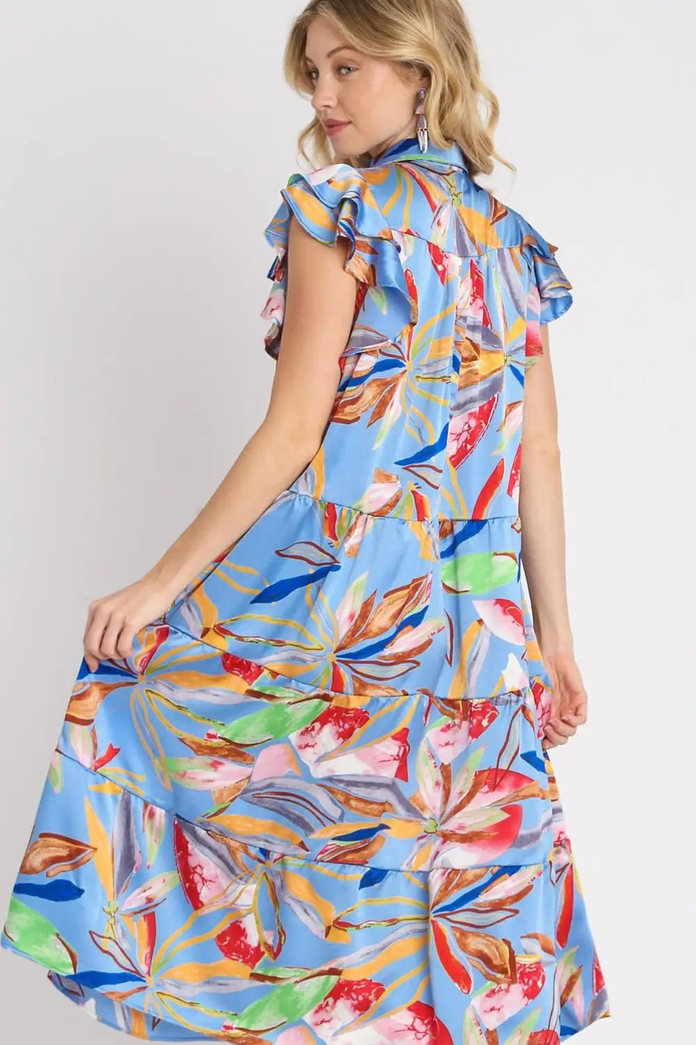 Periwinkle Mix Leaf Print Tiered Midi Dress - Midi Dresses
