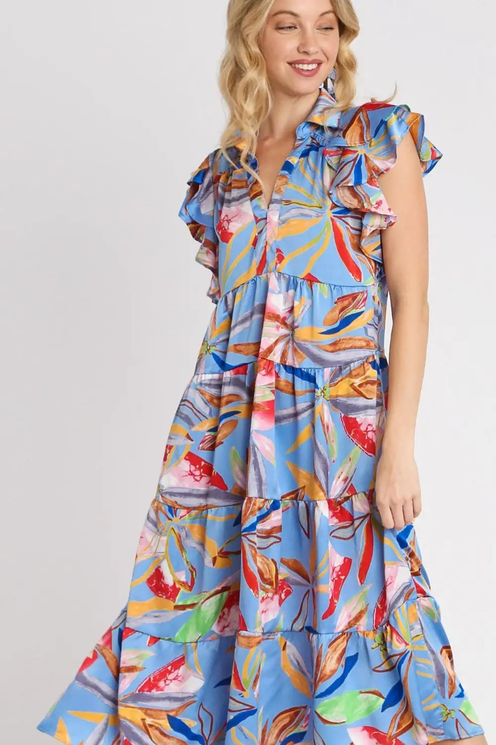 Periwinkle Mix Leaf Print Tiered Midi Dress - Midi Dresses