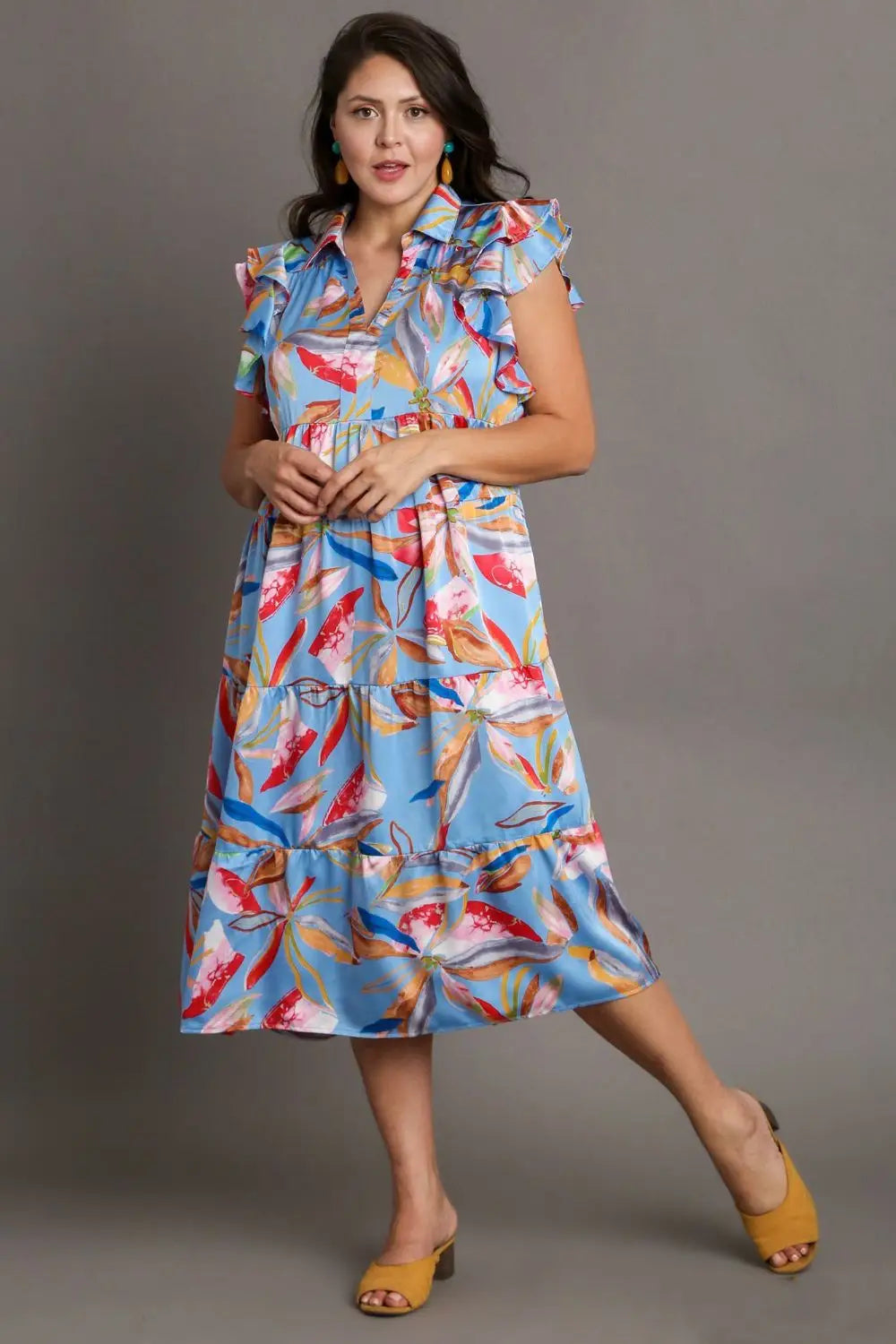 Periwinkle Mix Leaf Print Tiered Midi Dress - Midi Dresses