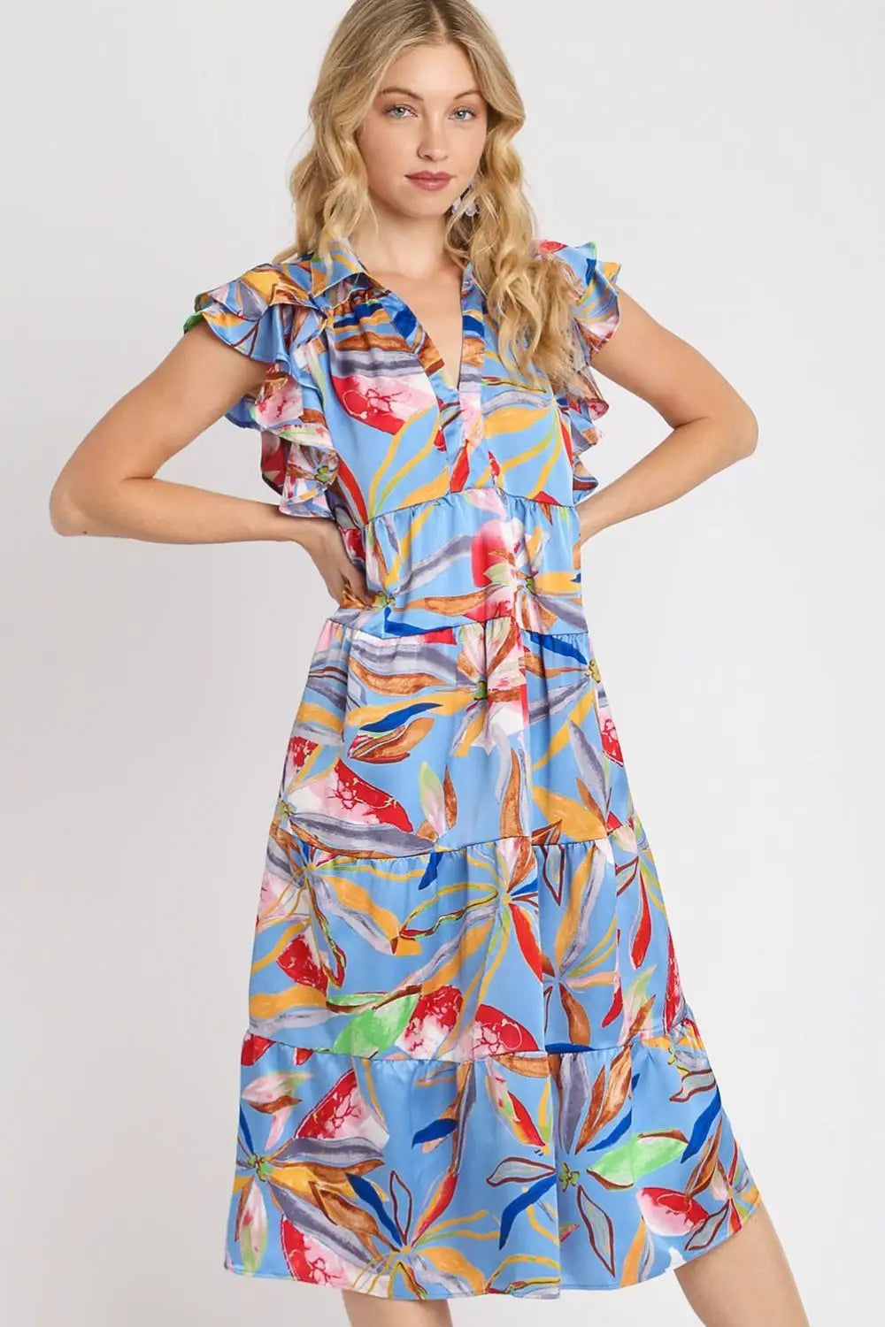 Periwinkle Mix Leaf Print Tiered Midi Dress - Midi Dresses