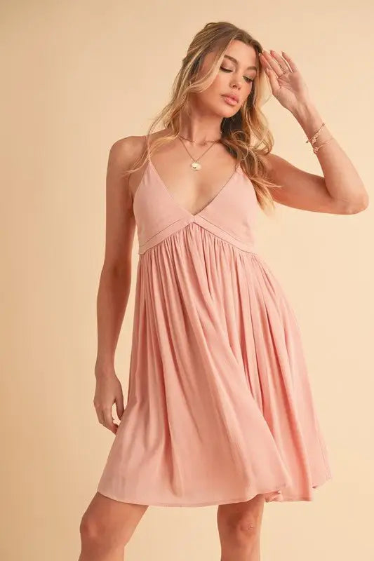 Petal Pink Ruched Plunge Mini Cami Dress - Mini Dresses