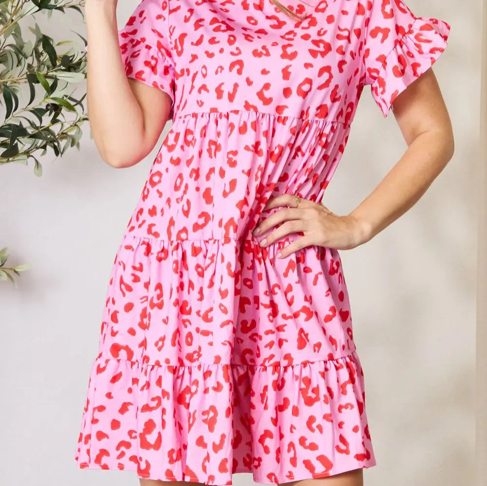 Pink Animal Print Tiered Mini Dress - Eclectage