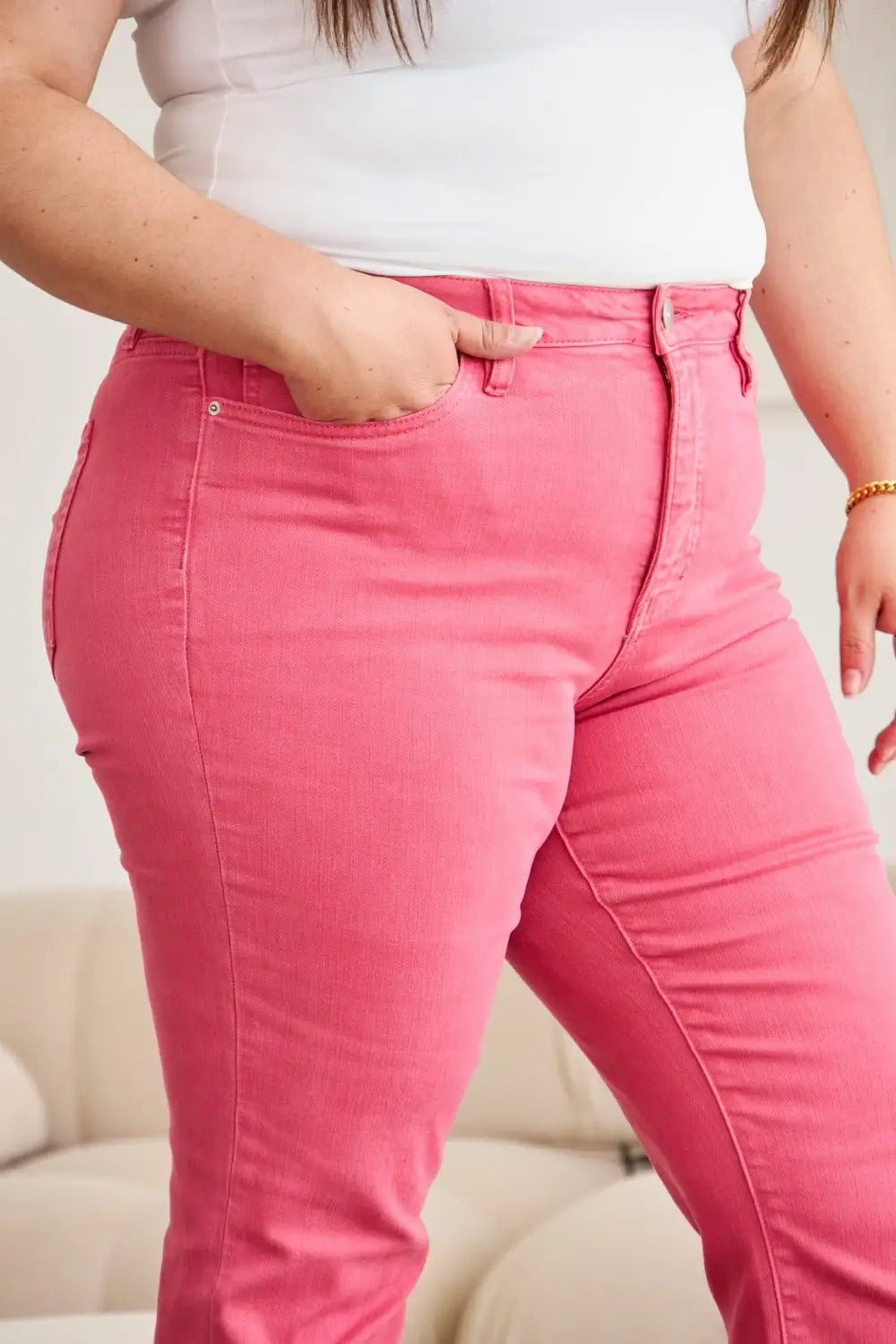 Pink Crop Tummy Control Jeans - Cropped Jeans
