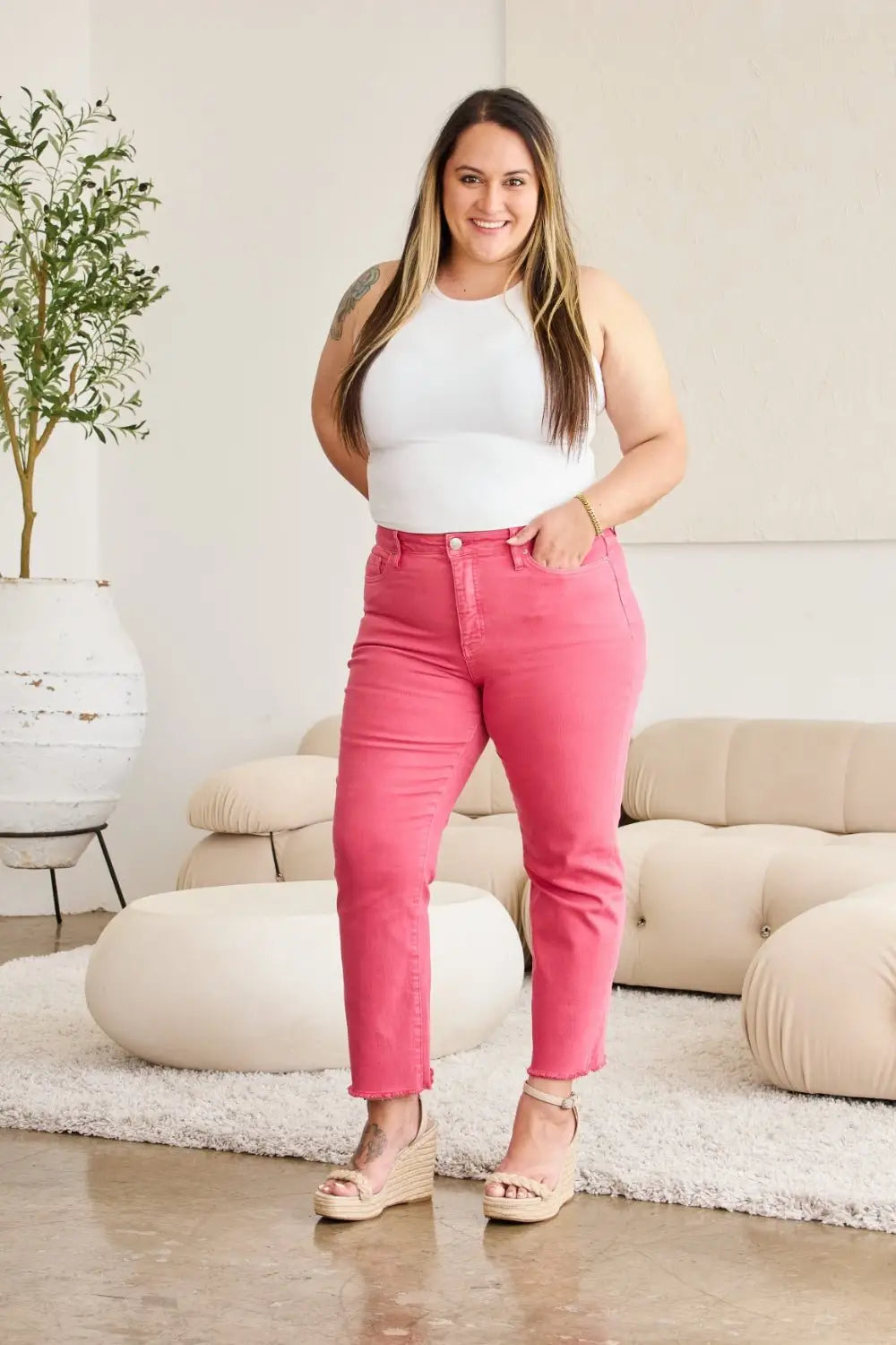 Pink Crop Tummy Control Jeans - Cropped Jeans