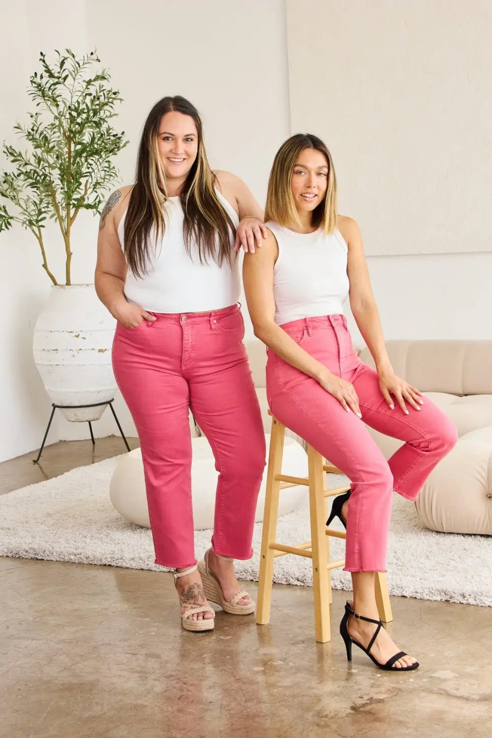 Pink Crop Tummy Control Jeans - Cropped Jeans