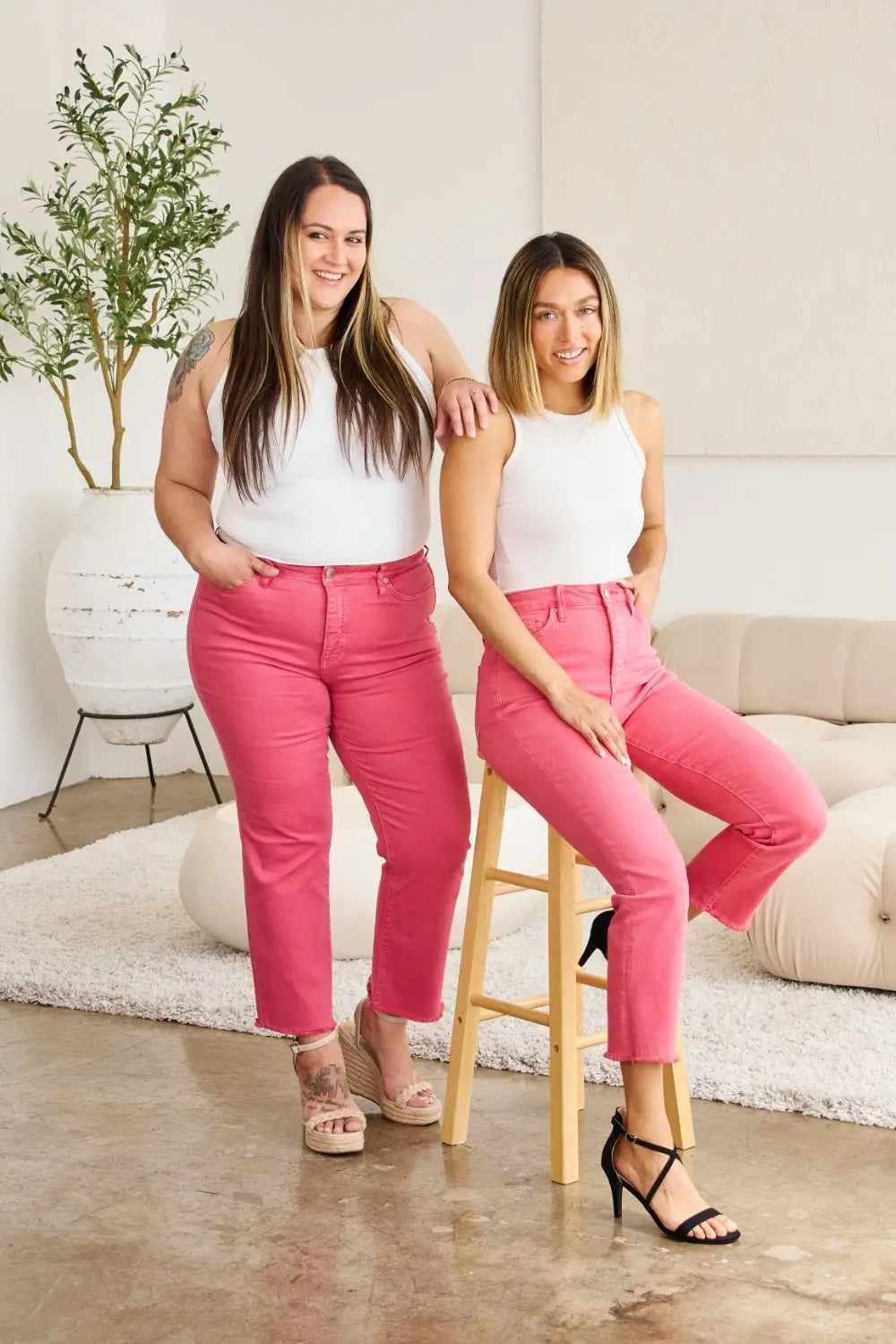 Pink Crop Tummy Control Jeans - Cropped Jeans