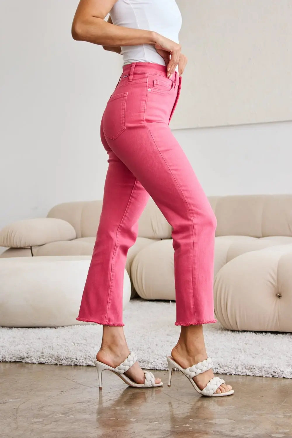 Pink Crop Tummy Control Jeans - Cropped Jeans