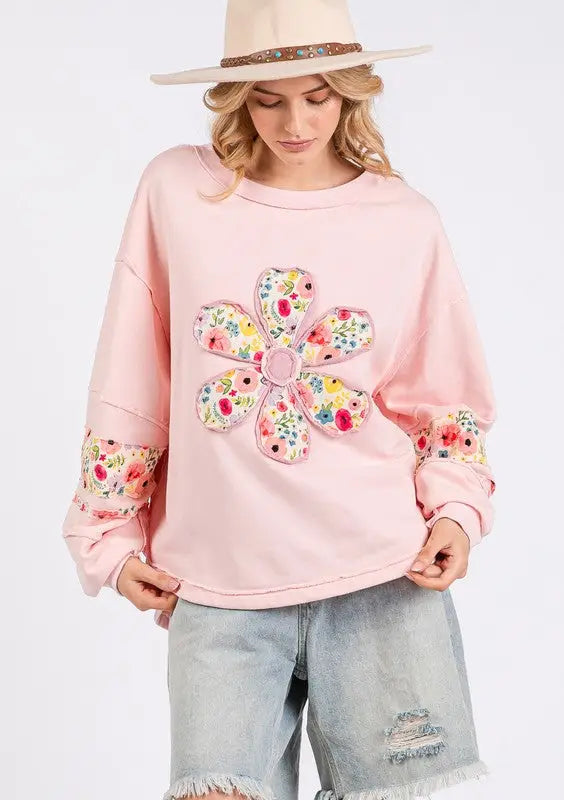 SAGE + FIG Daisy Patch Applique Long Sleeve Sweatshirt - Eclectage