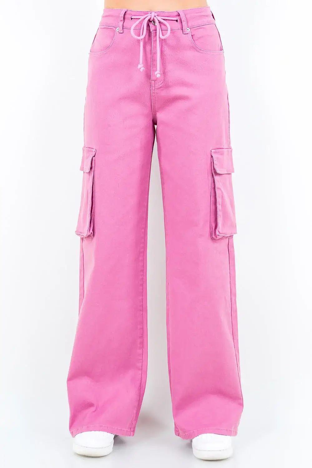 Pink Drawstring Wide Leg Cargo Pants - Eclectage