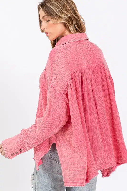 SAGE + FIG Frayed Hem Side Slit Button Down Shirt - Eclectage