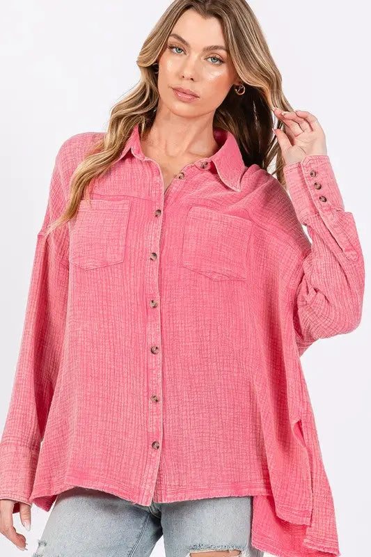 SAGE + FIG Frayed Hem Side Slit Button Down Shirt - Eclectage