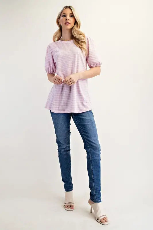 Pink Gingham Print Top With Puff Sleeves - Tops