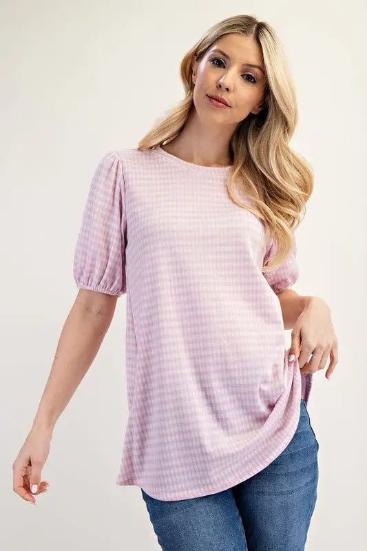 Pink Gingham Print Top With Puff Sleeves - Tops
