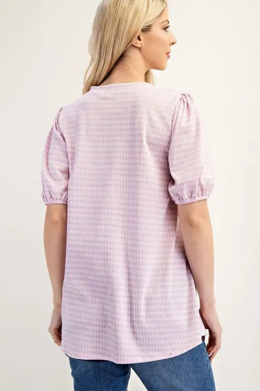 Pink Gingham Print Top With Puff Sleeves - Tops