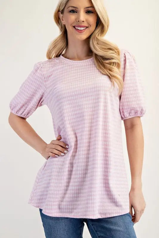 Pink Gingham Print Top With Puff Sleeves - Tops