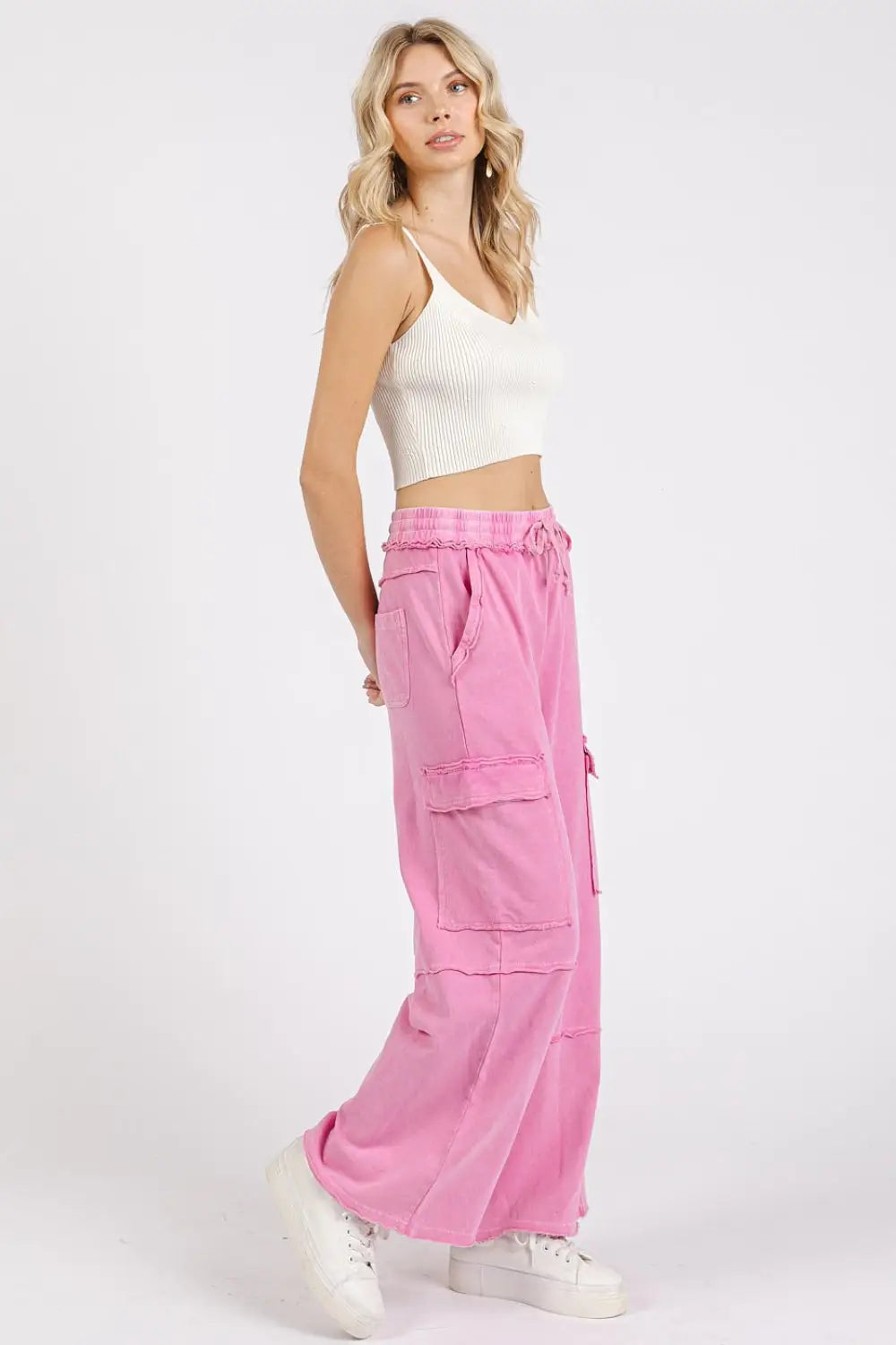 Mittoshop Mineral Wash Elastic Waist Cargo Wide Leg Pants - Eclectage