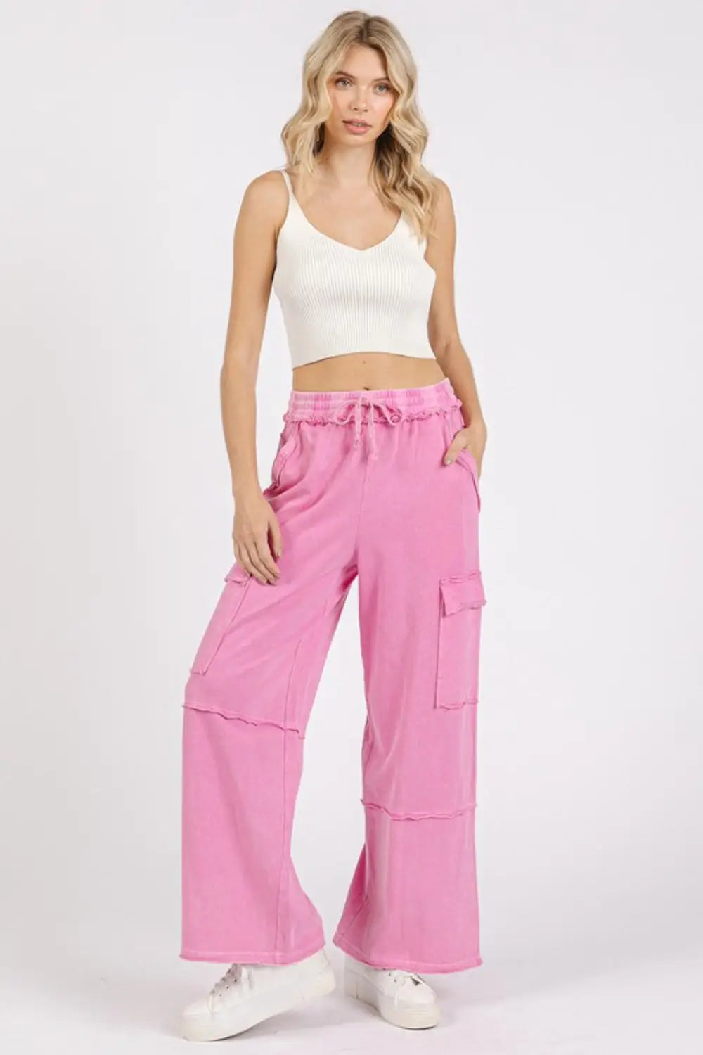 Mittoshop Mineral Wash Elastic Waist Cargo Wide Leg Pants - Eclectage