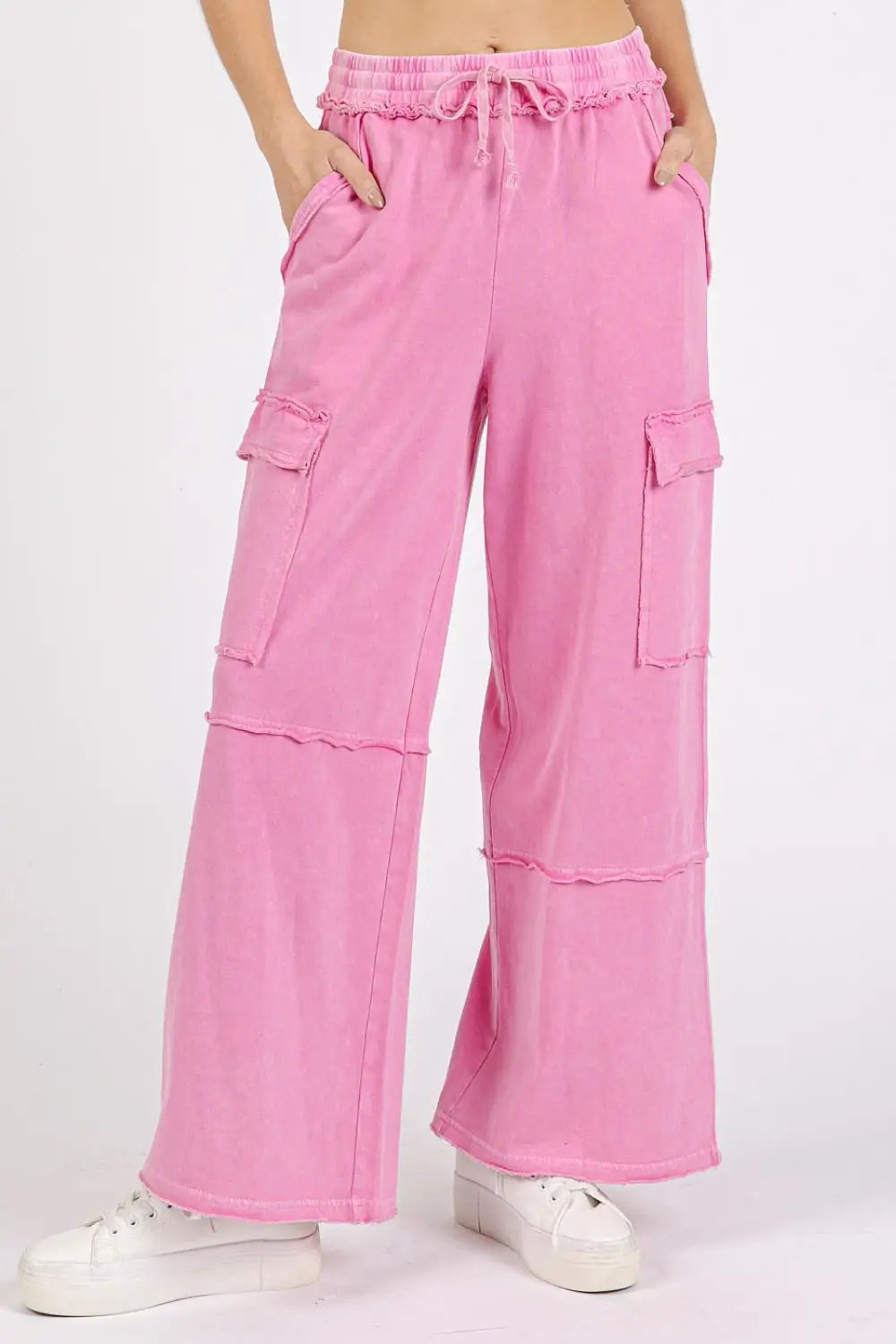 Mittoshop Mineral Wash Elastic Waist Cargo Wide Leg Pants - Eclectage