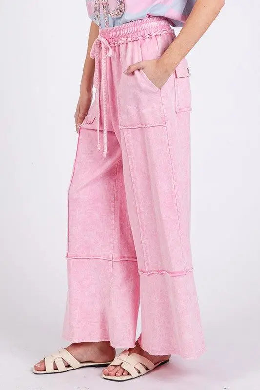 Pink Mineral Washed Terry Wide Leg Pants - Eclectage