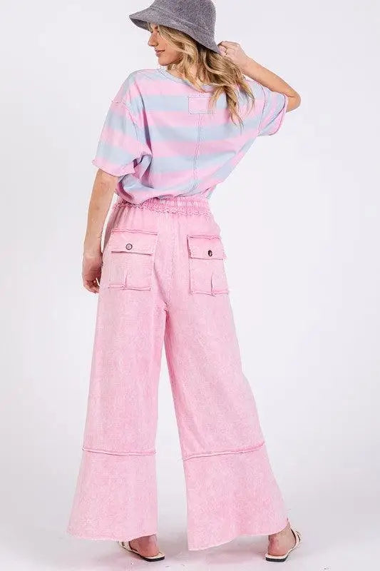 Pink Mineral Washed Terry Wide Leg Pants - Eclectage