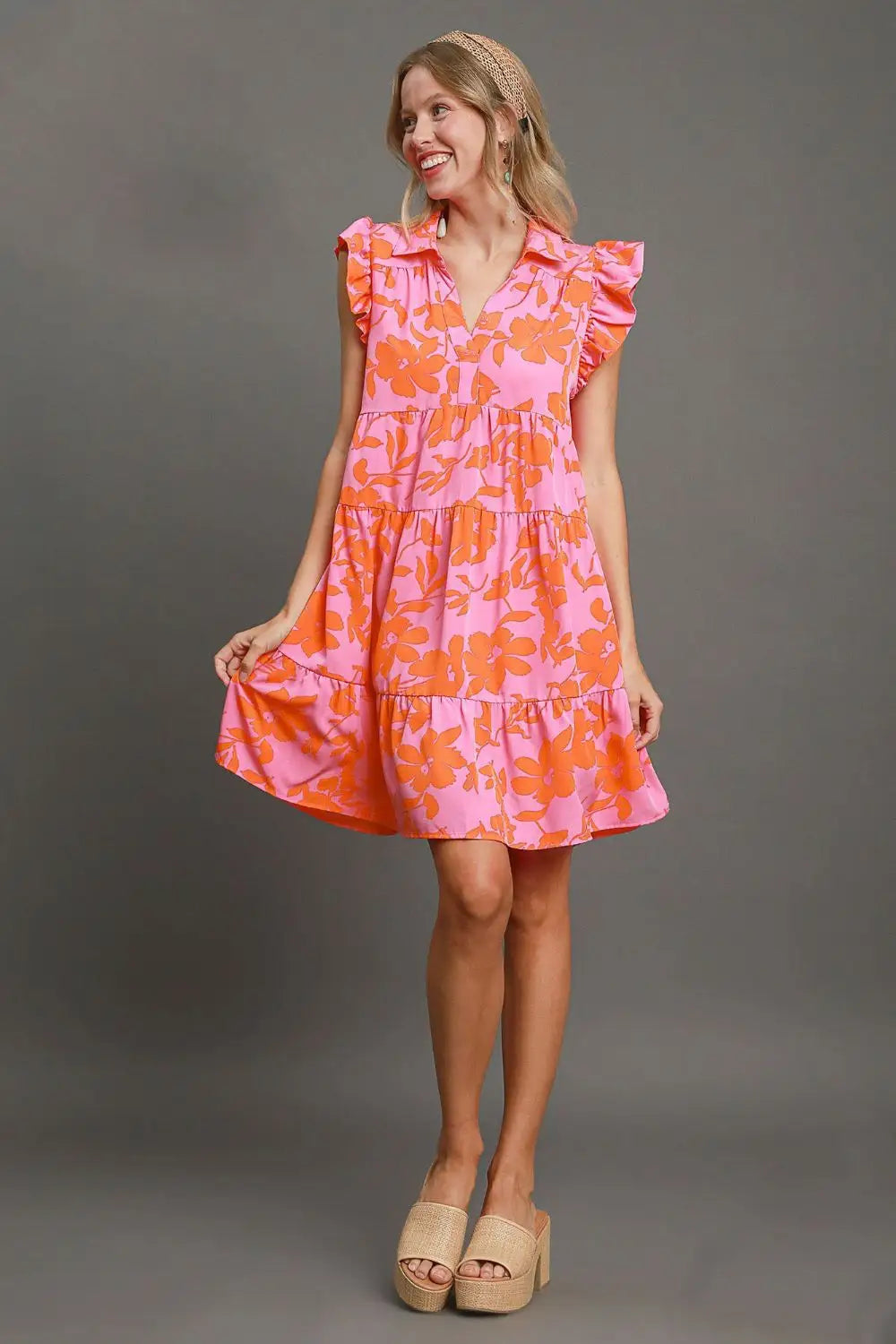 Umgee Full Size Floral Print Ruffle Cap Sleeve Tiered Dress Plus Size - Eclectage