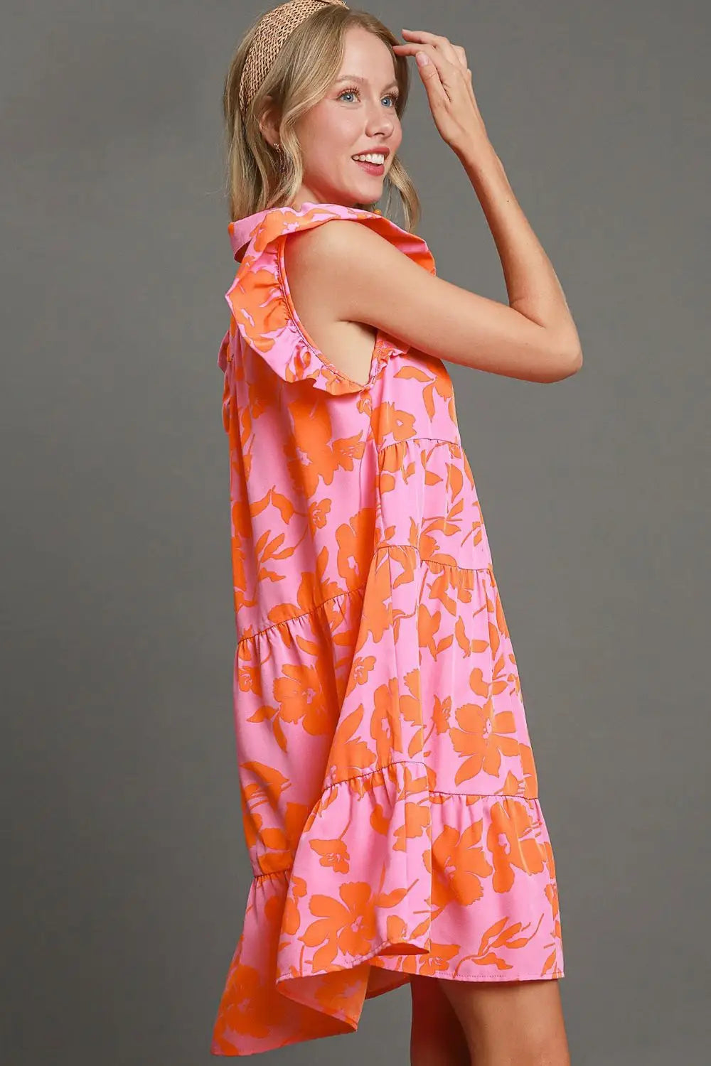 Umgee Full Size Floral Print Ruffle Cap Sleeve Tiered Dress Plus Size - Eclectage
