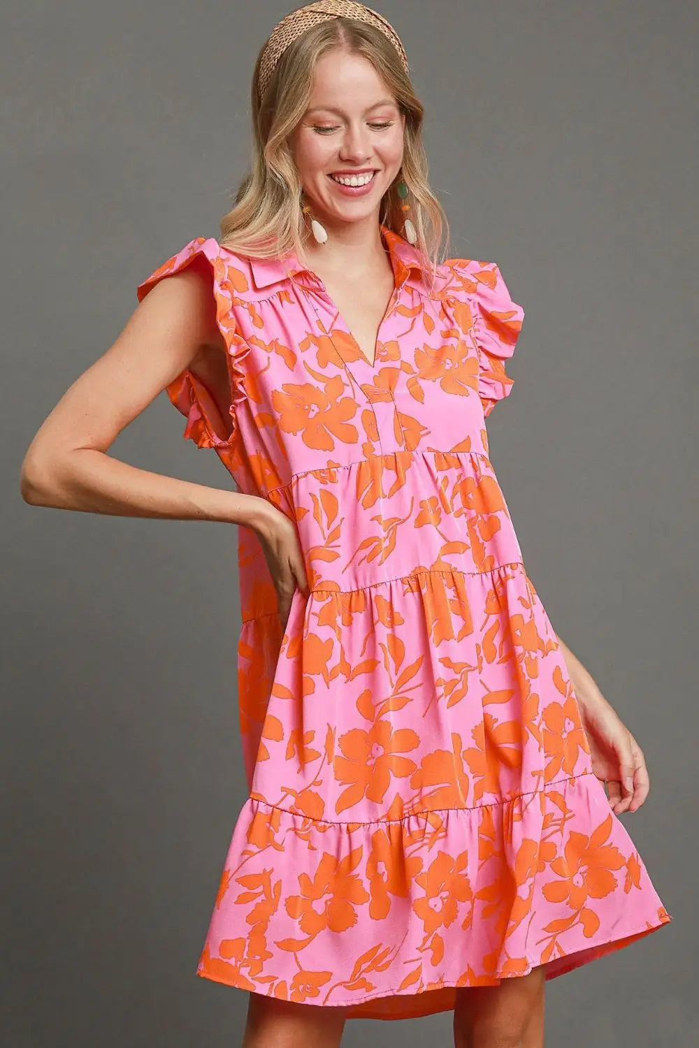 Umgee Full Size Floral Print Ruffle Cap Sleeve Tiered Dress Plus Size - Eclectage