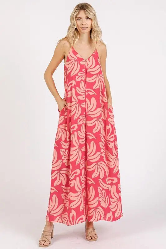 Pink Printed V - Neck Maxi Cami Dress - Sleeveless Dresses